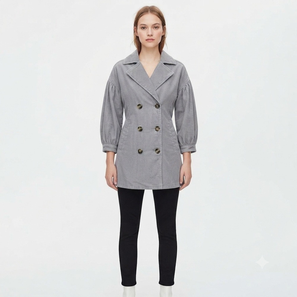 Chelsea & Violet Coat Womens XS Grey Corduroy Double Breasted Puff Sleeve NWT